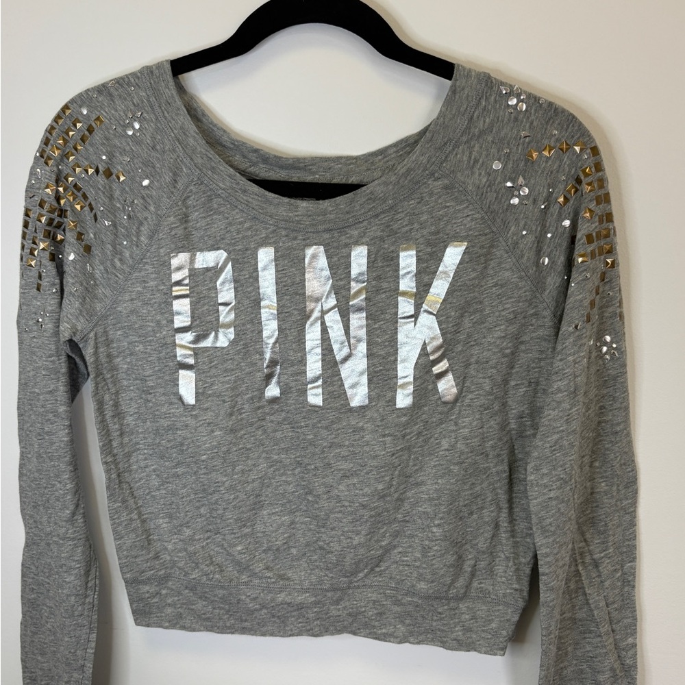 VS PINK off the shoulder Gray Long Sleeve Sweatshirt with Gold Accents
